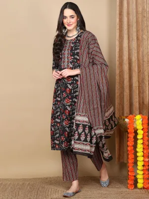 Black Rayon Blend Floral Printed 3-Piece Kurta Set