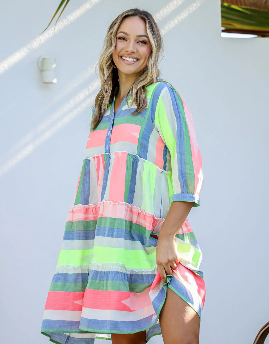 Brianna Button Front Dress - Blue/Green/Mango