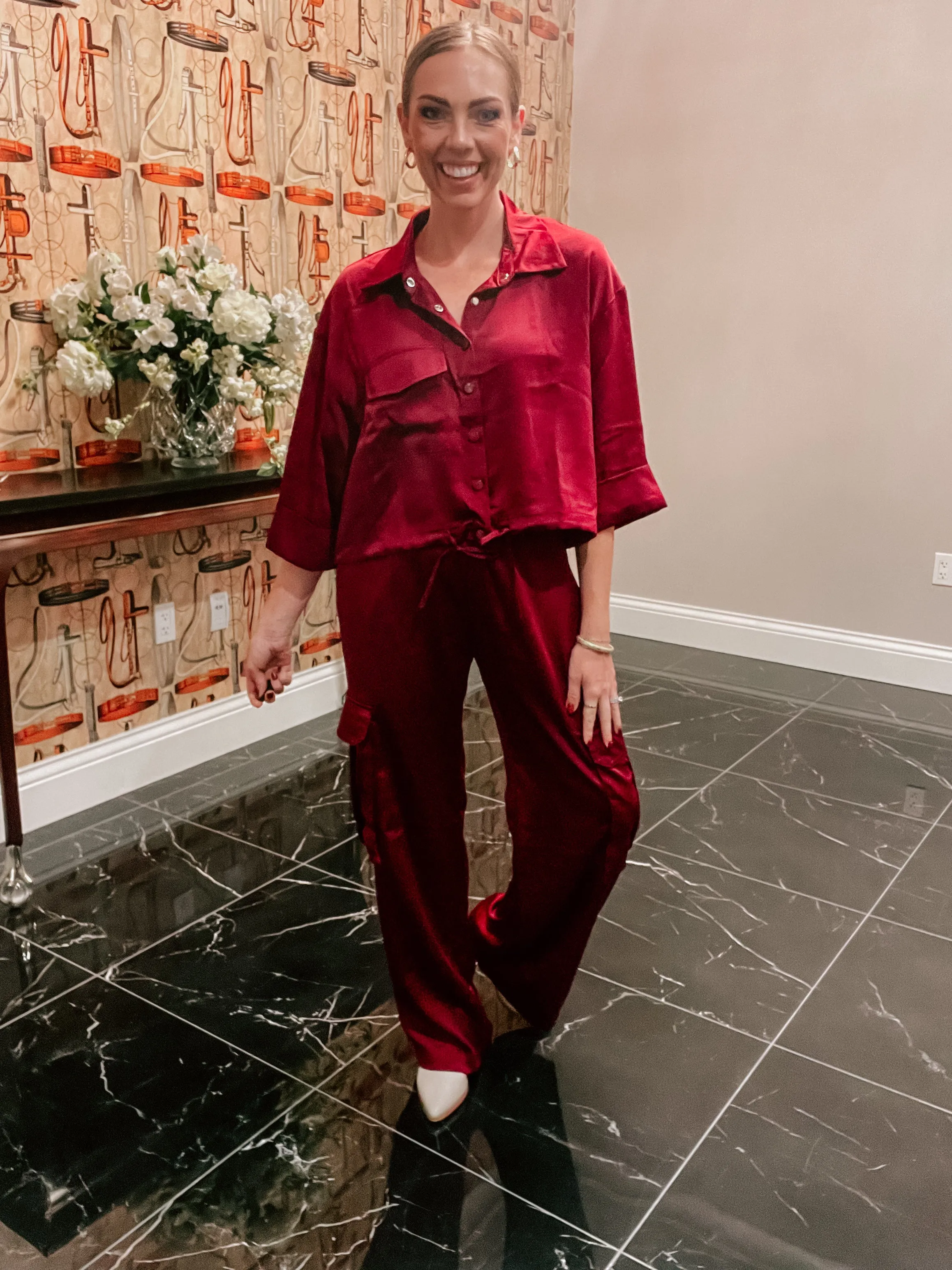Burgundy Satin Cargo Pant