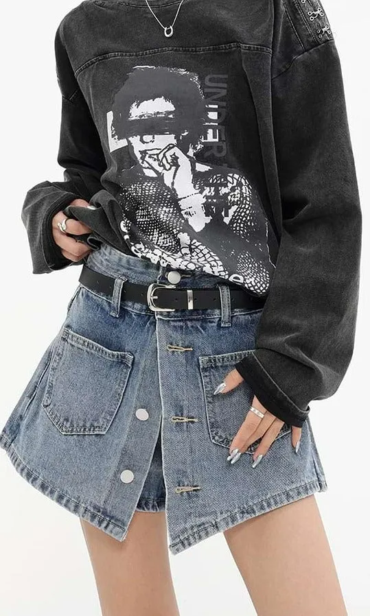 Button Skort Denim Mini Skirt