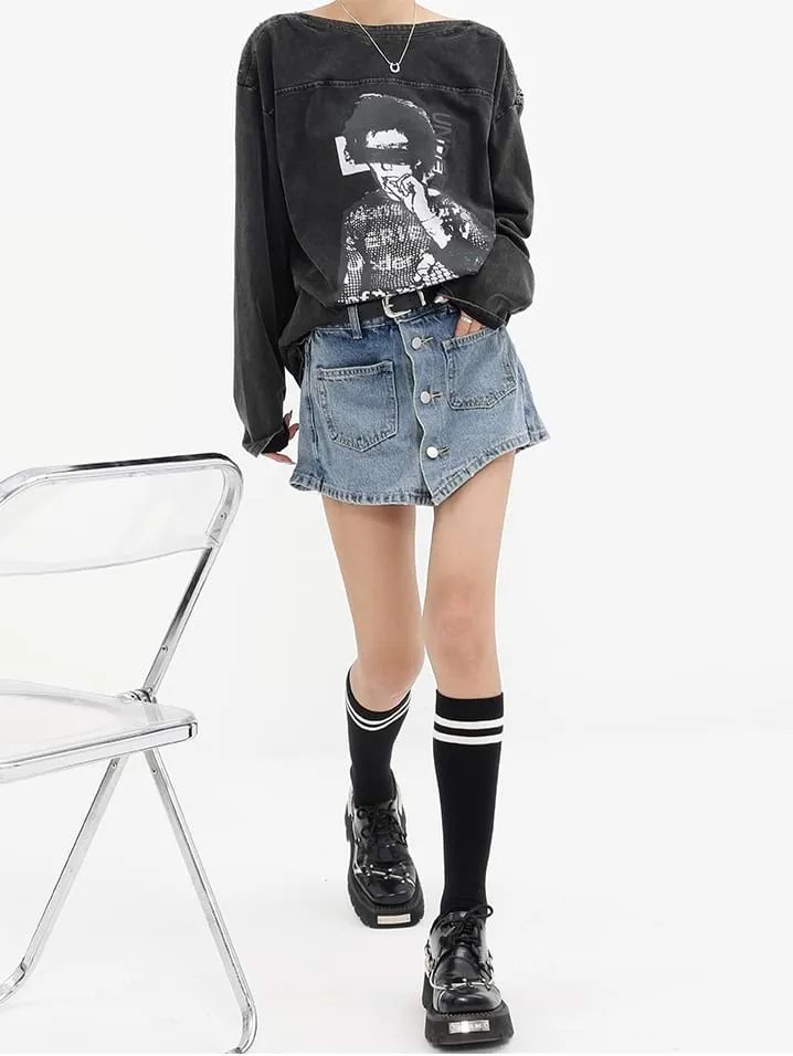 Button Skort Denim Mini Skirt