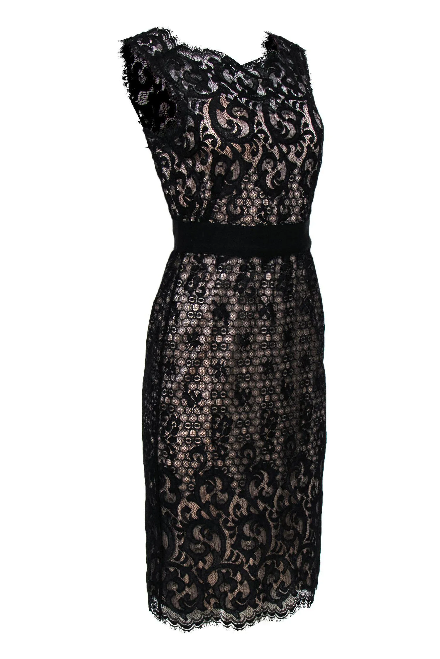 Diane von Furstenberg - Black Lace & Contrasting Slip Sheath Dress Sz 6
