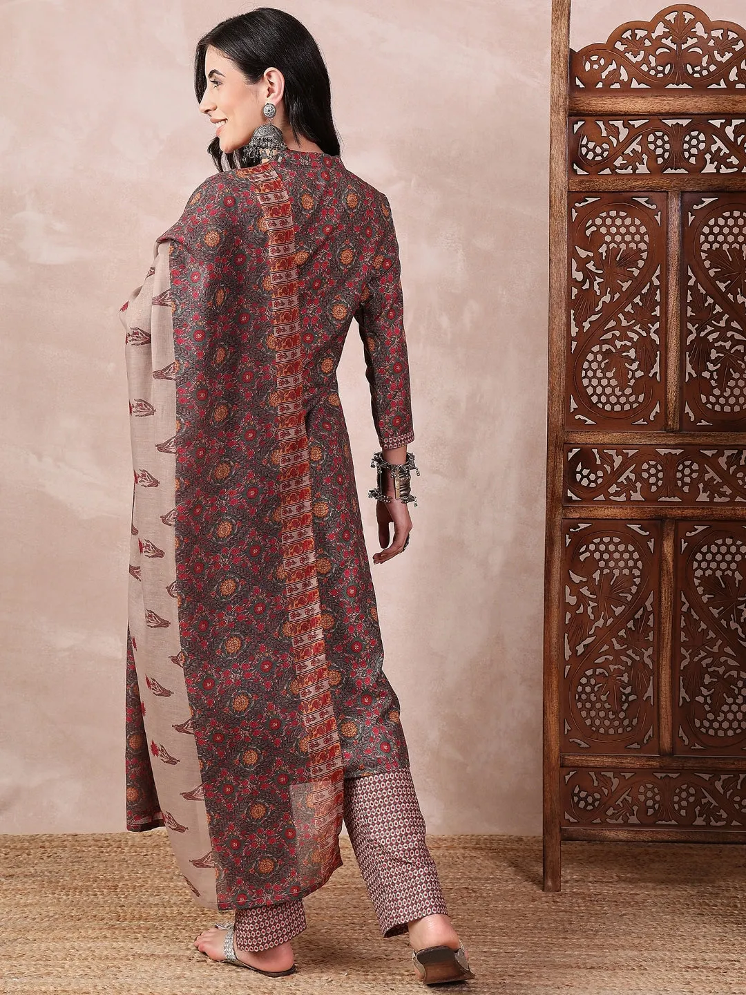 Green Poly Cotton Floral Printed 3-Piece Kurta Set