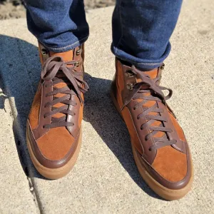 Height Increasing Tan Suede and Brown Leather Foxton Lace Up High Top Sneakers - Summer 2024 Collection