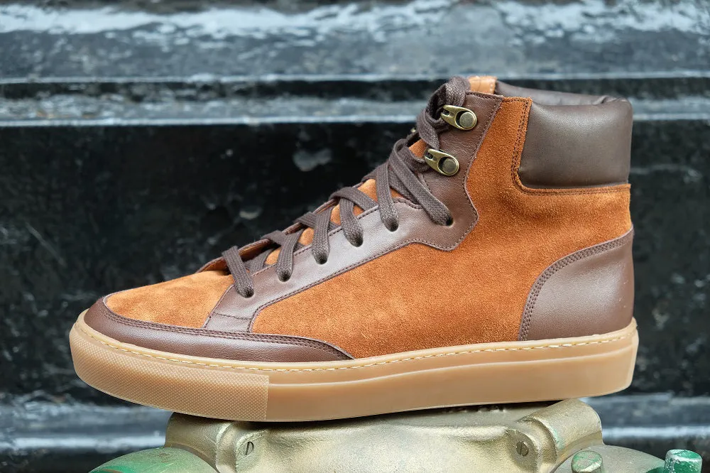 Height Increasing Tan Suede and Brown Leather Foxton Lace Up High Top Sneakers - Summer 2024 Collection