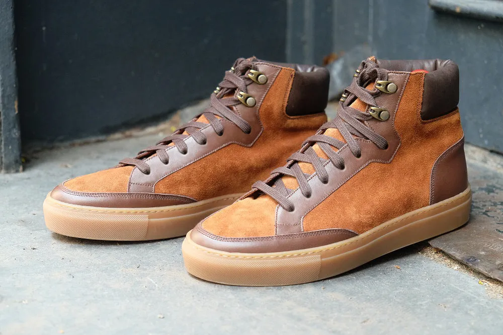 Height Increasing Tan Suede and Brown Leather Foxton Lace Up High Top Sneakers - Summer 2024 Collection