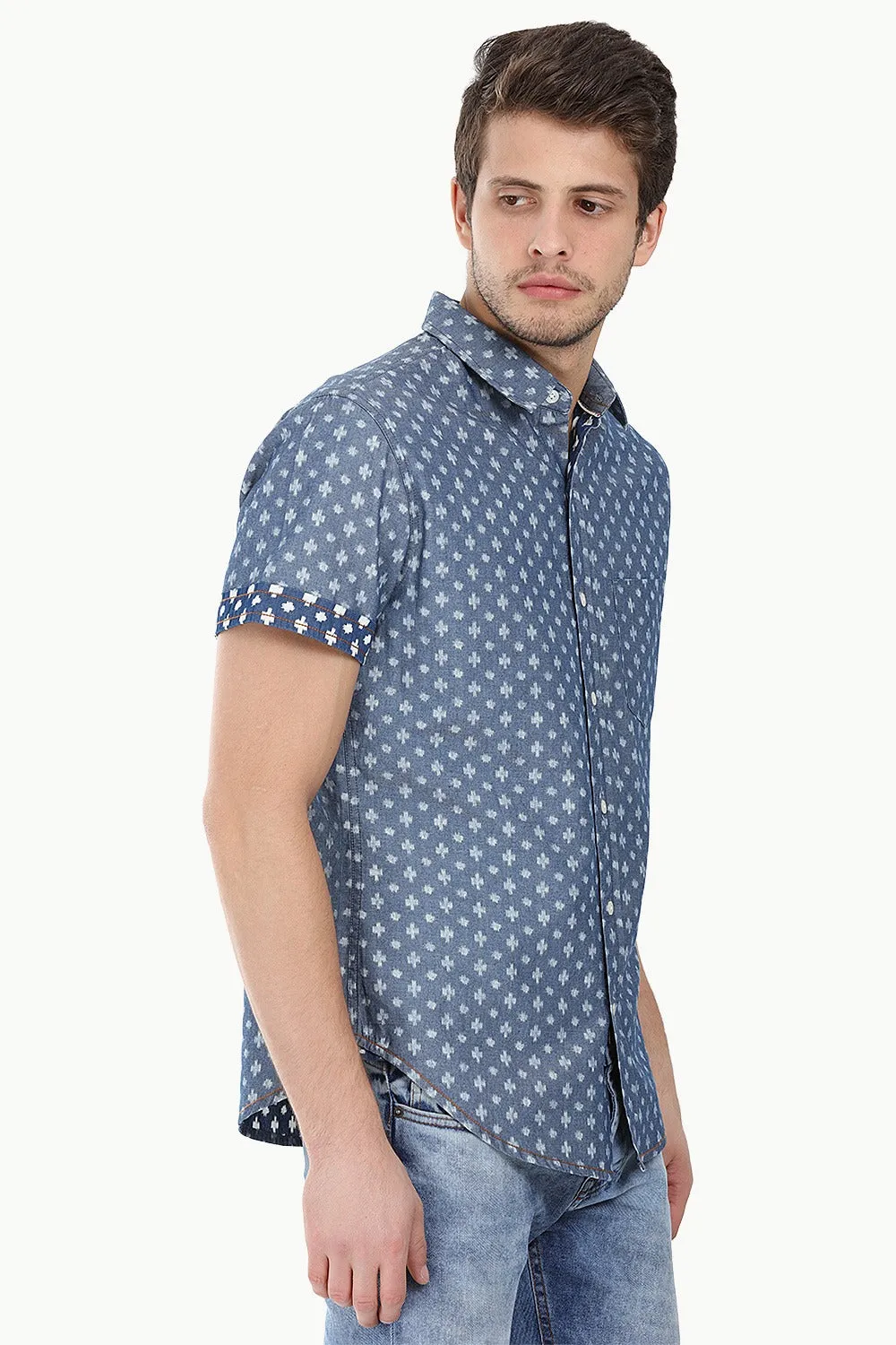 Indigo Denim Ikat Short Sleeve Shirt