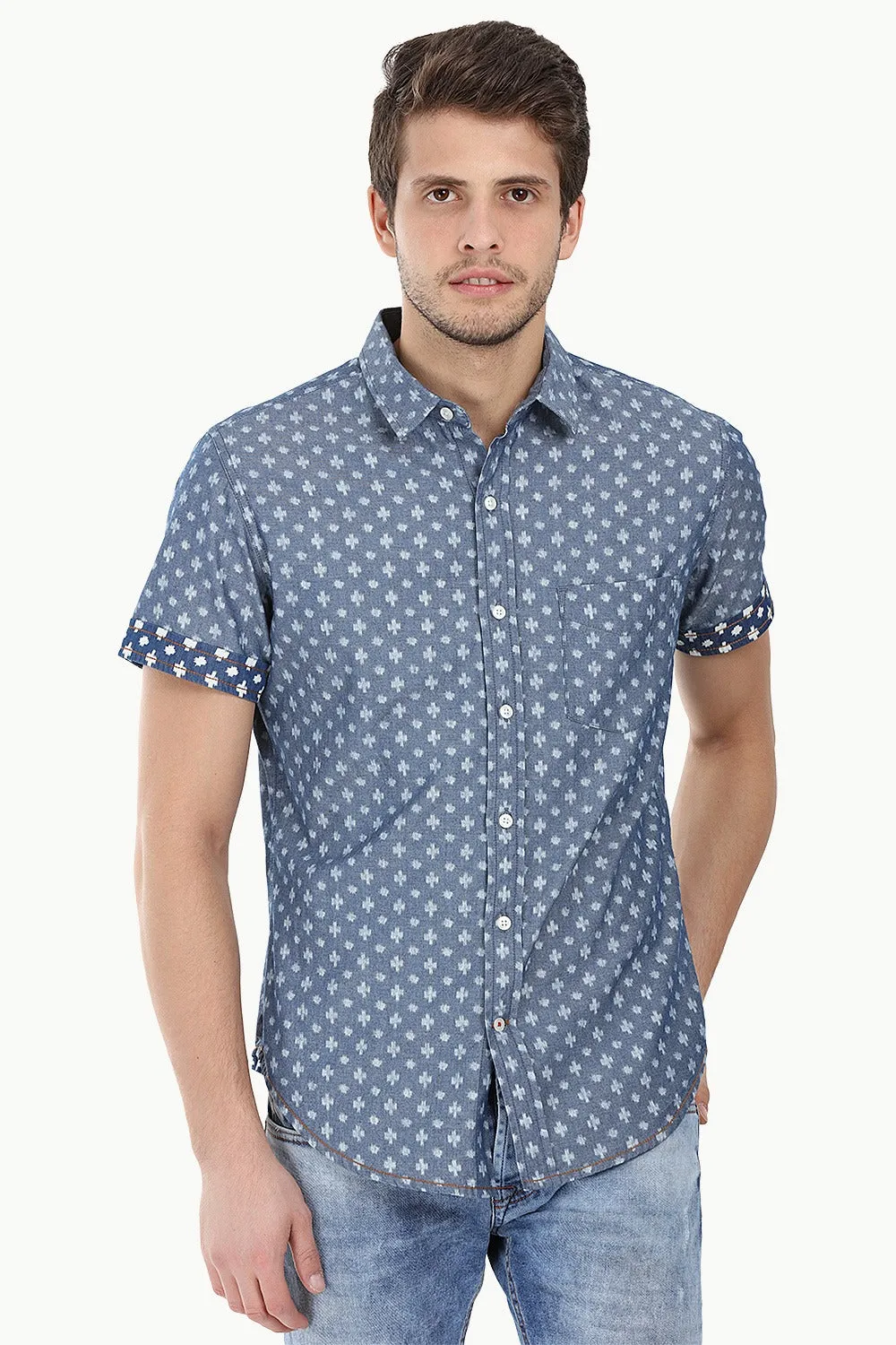 Indigo Denim Ikat Short Sleeve Shirt