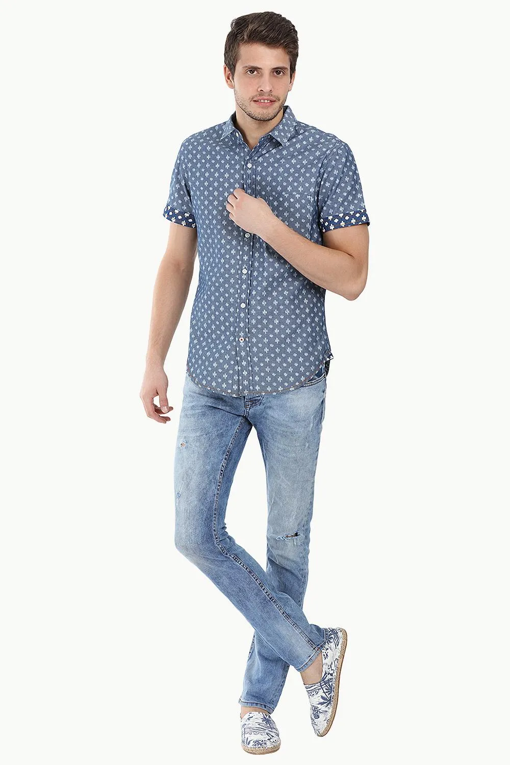 Indigo Denim Ikat Short Sleeve Shirt