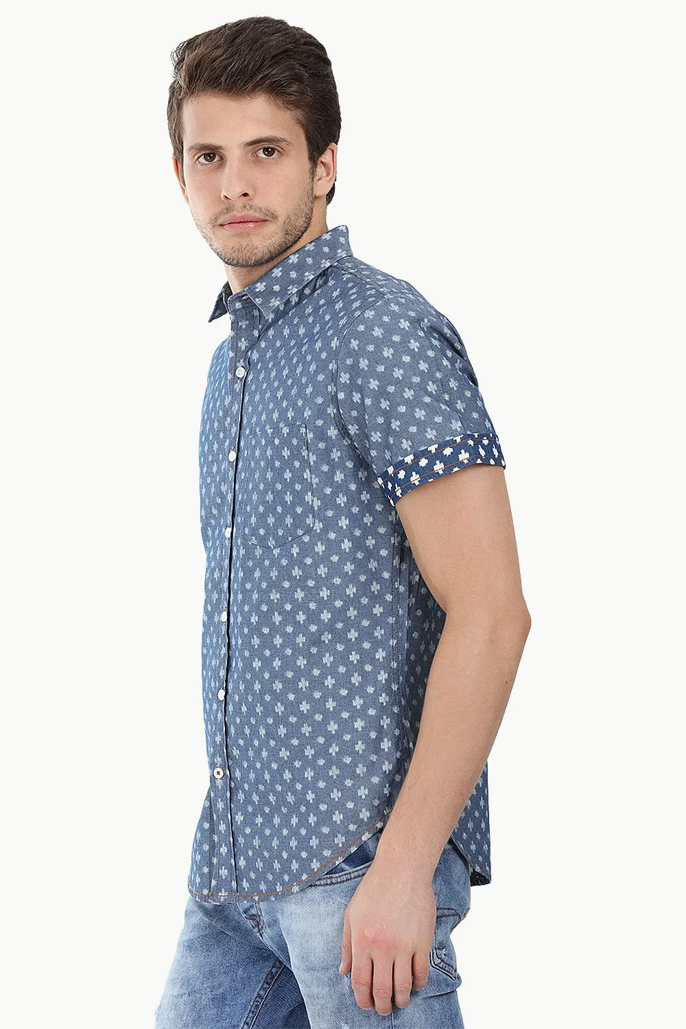 Indigo Denim Ikat Short Sleeve Shirt