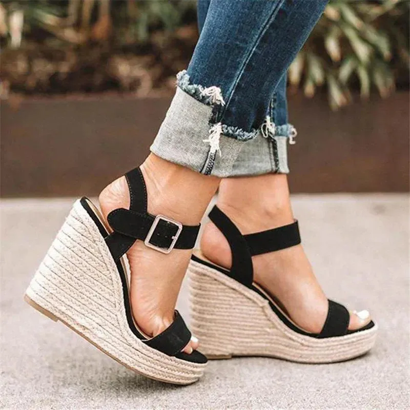 Ivyshape | Chic Summer Wedge Sandals With Peep Toe & Ankle Buckles