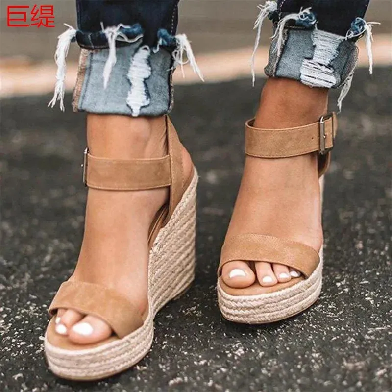 Ivyshape | Chic Summer Wedge Sandals With Peep Toe & Ankle Buckles