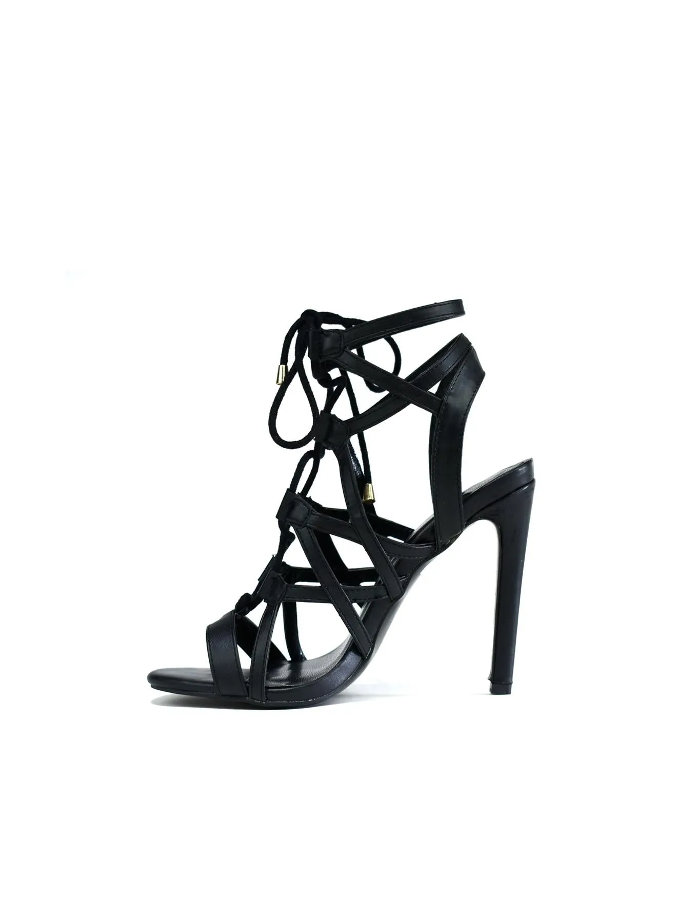 Ladies Heel Lace Up Strappy Sandals Black MF