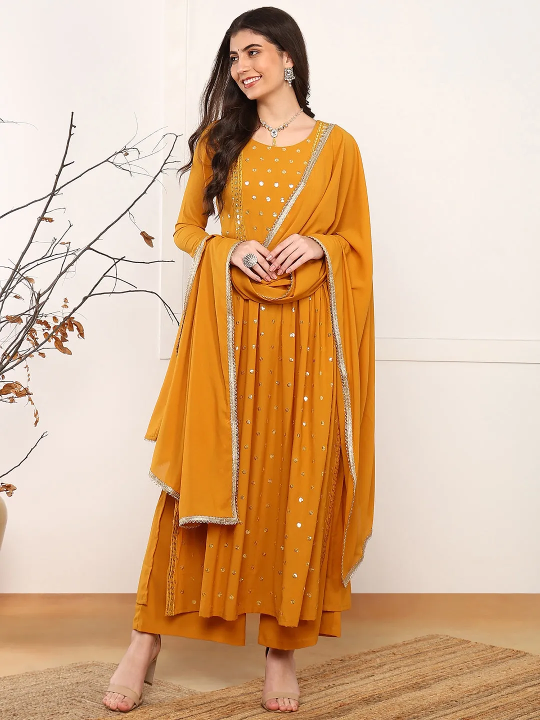 Mustard Georgette Solid Embroidered 3-Piece Kurta Set