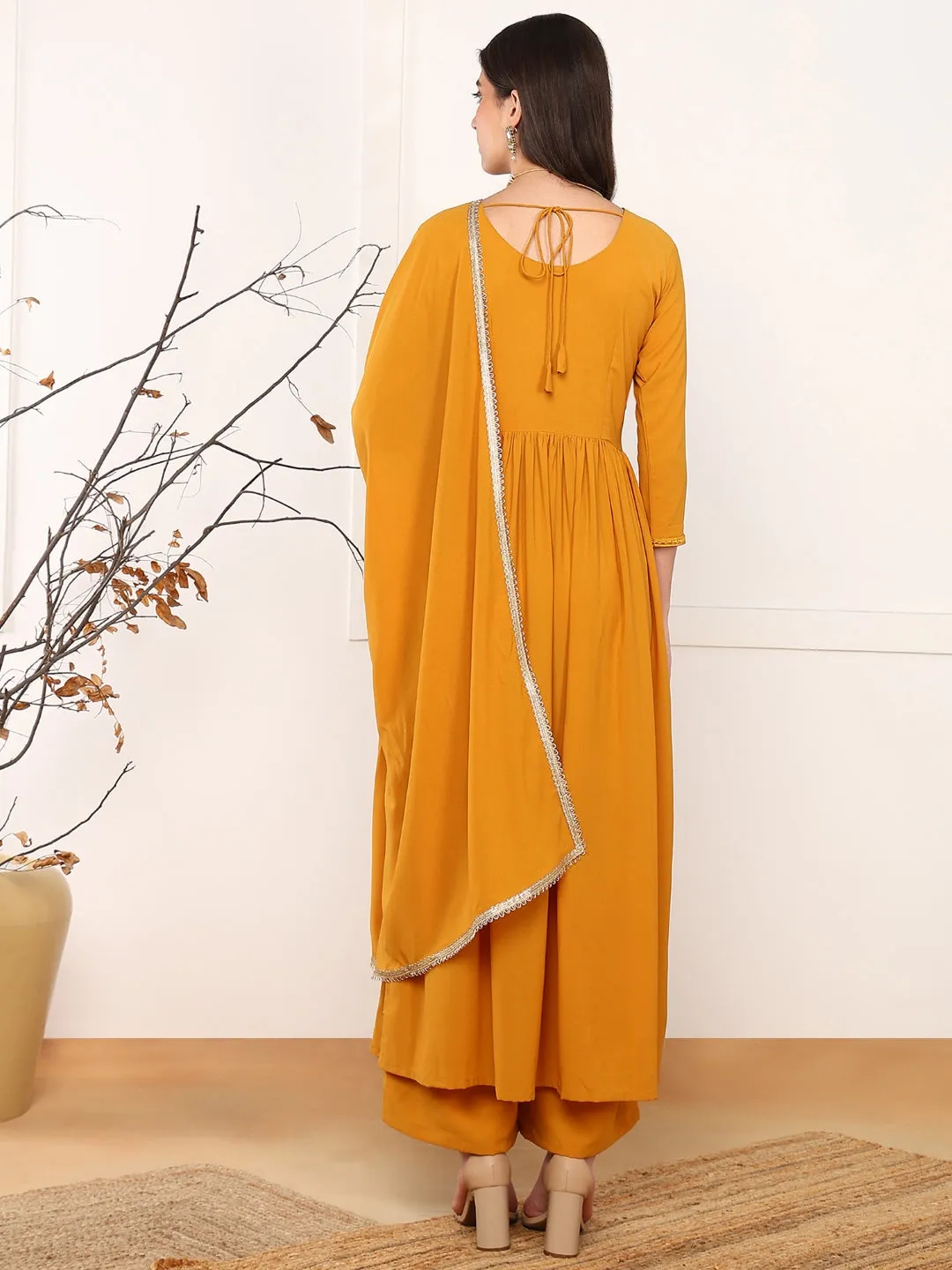Mustard Georgette Solid Embroidered 3-Piece Kurta Set