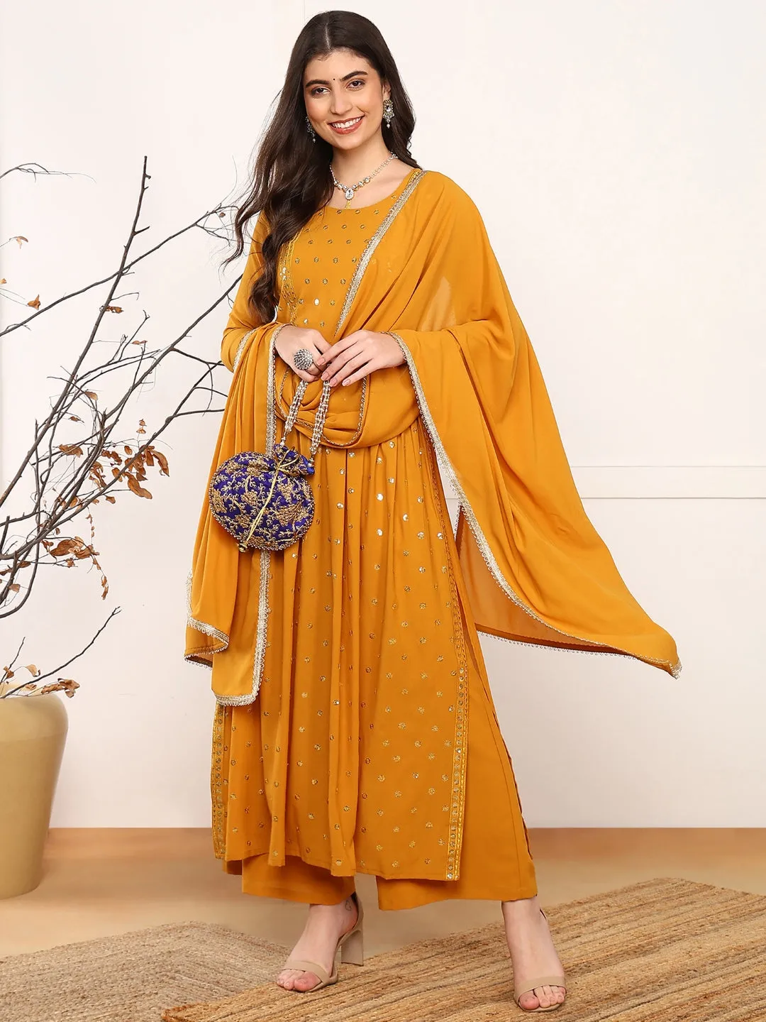 Mustard Georgette Solid Embroidered 3-Piece Kurta Set