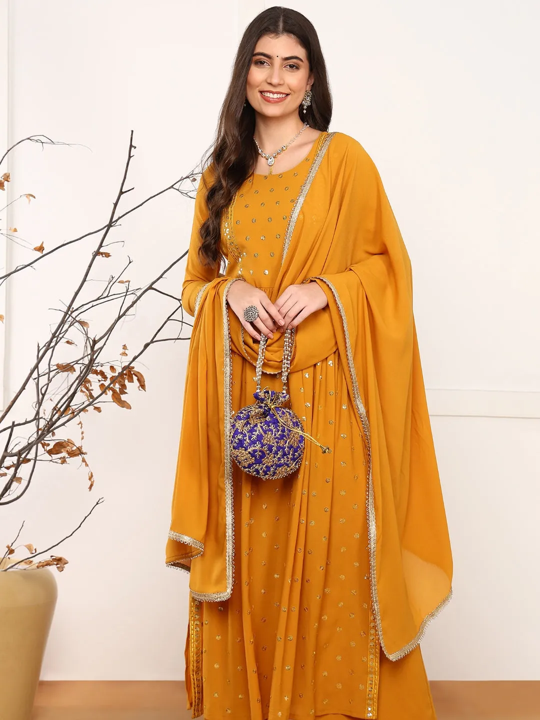 Mustard Georgette Solid Embroidered 3-Piece Kurta Set