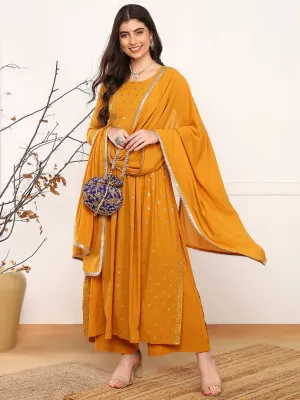 Mustard Georgette Solid Embroidered 3-Piece Kurta Set
