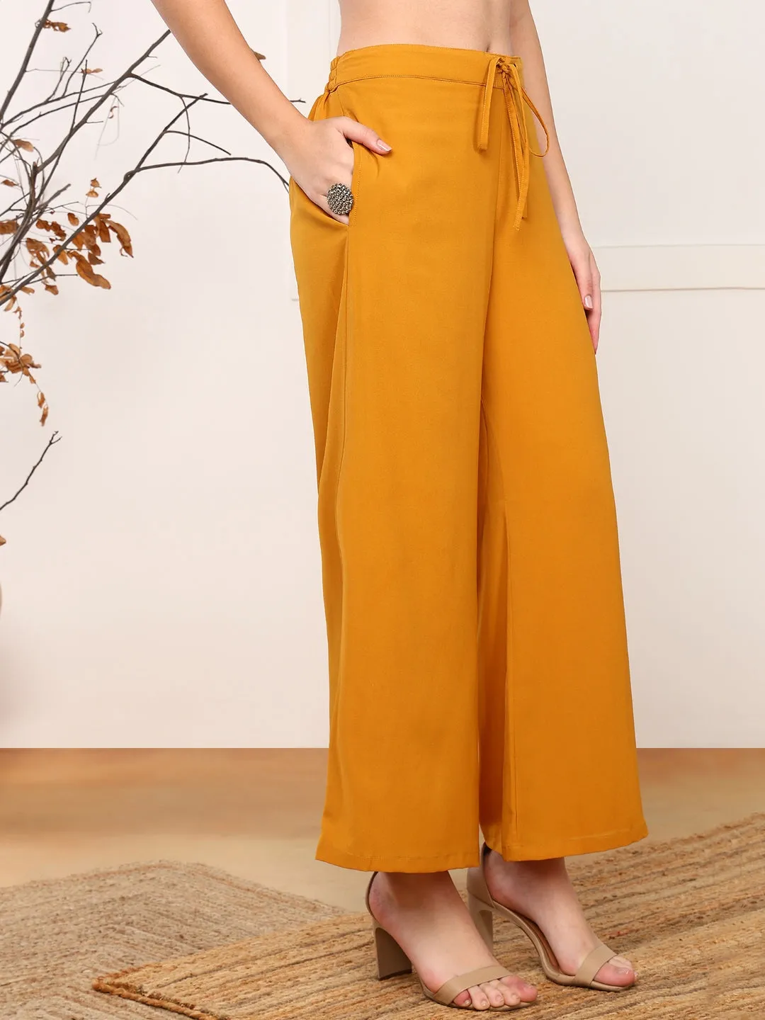 Mustard Georgette Solid Embroidered 3-Piece Kurta Set