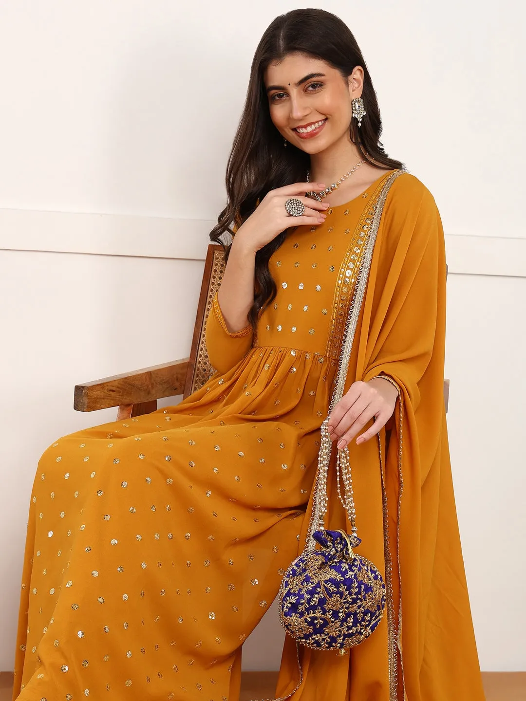 Mustard Georgette Solid Embroidered 3-Piece Kurta Set