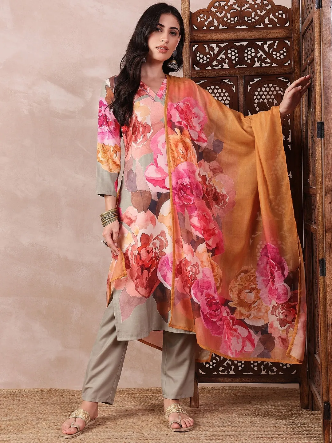 Olive Silk Blend Floral Printed 3-Piece Kurta Set