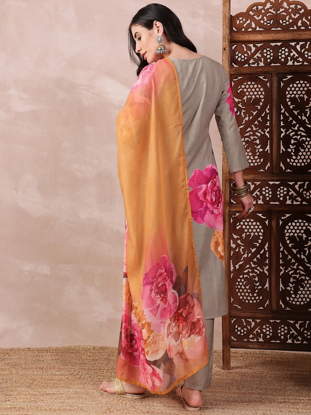 Olive Silk Blend Floral Printed 3-Piece Kurta Set