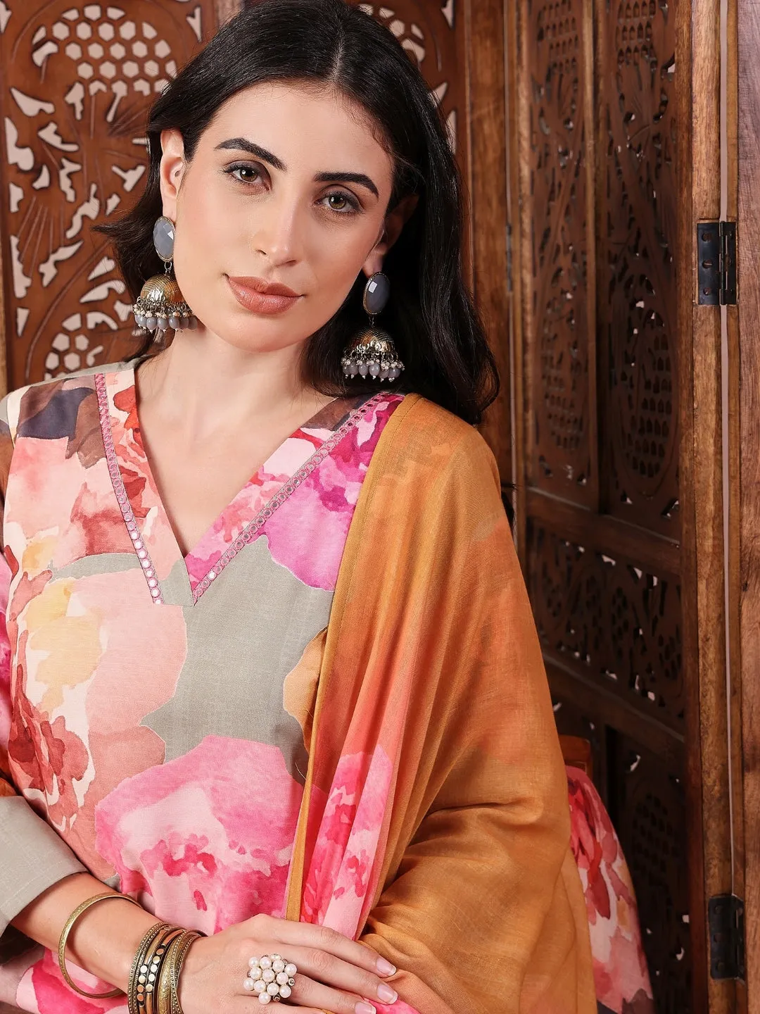 Olive Silk Blend Floral Printed 3-Piece Kurta Set