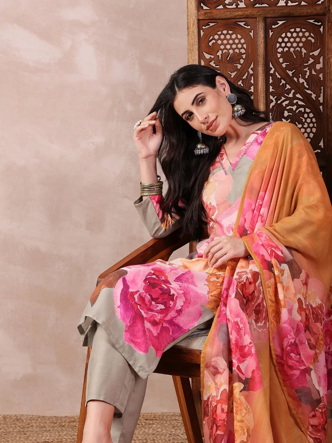 Olive Silk Blend Floral Printed 3-Piece Kurta Set