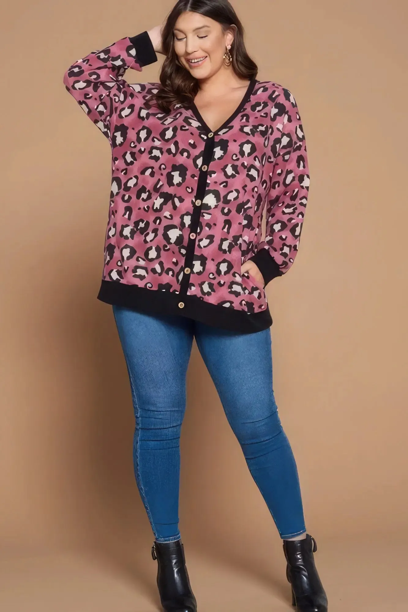 Plus Size Cozy Animal Mir Print Button-Up Cardigan