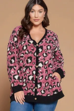 Plus Size Cozy Animal Mir Print Button-Up Cardigan