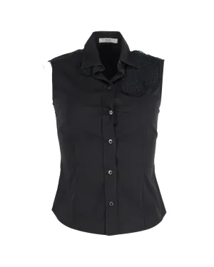 Prada Eyelet Panel Sleeveless Buttoned Top in Black Cotton
