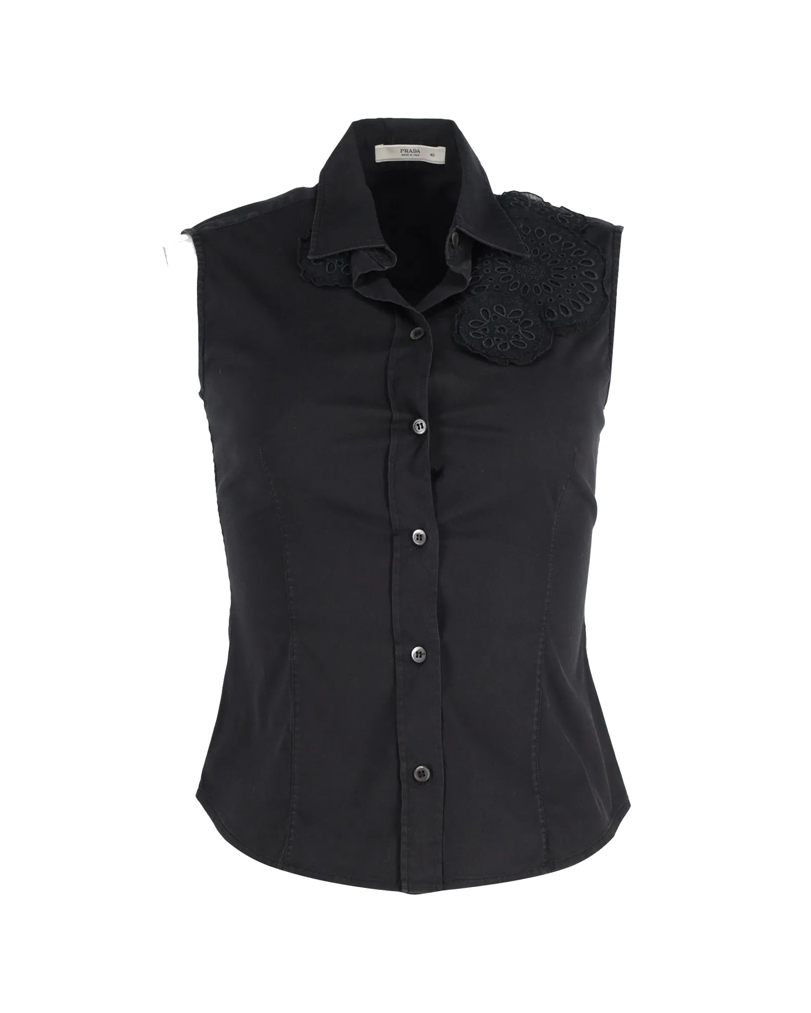 Prada Eyelet Panel Sleeveless Buttoned Top in Black Cotton