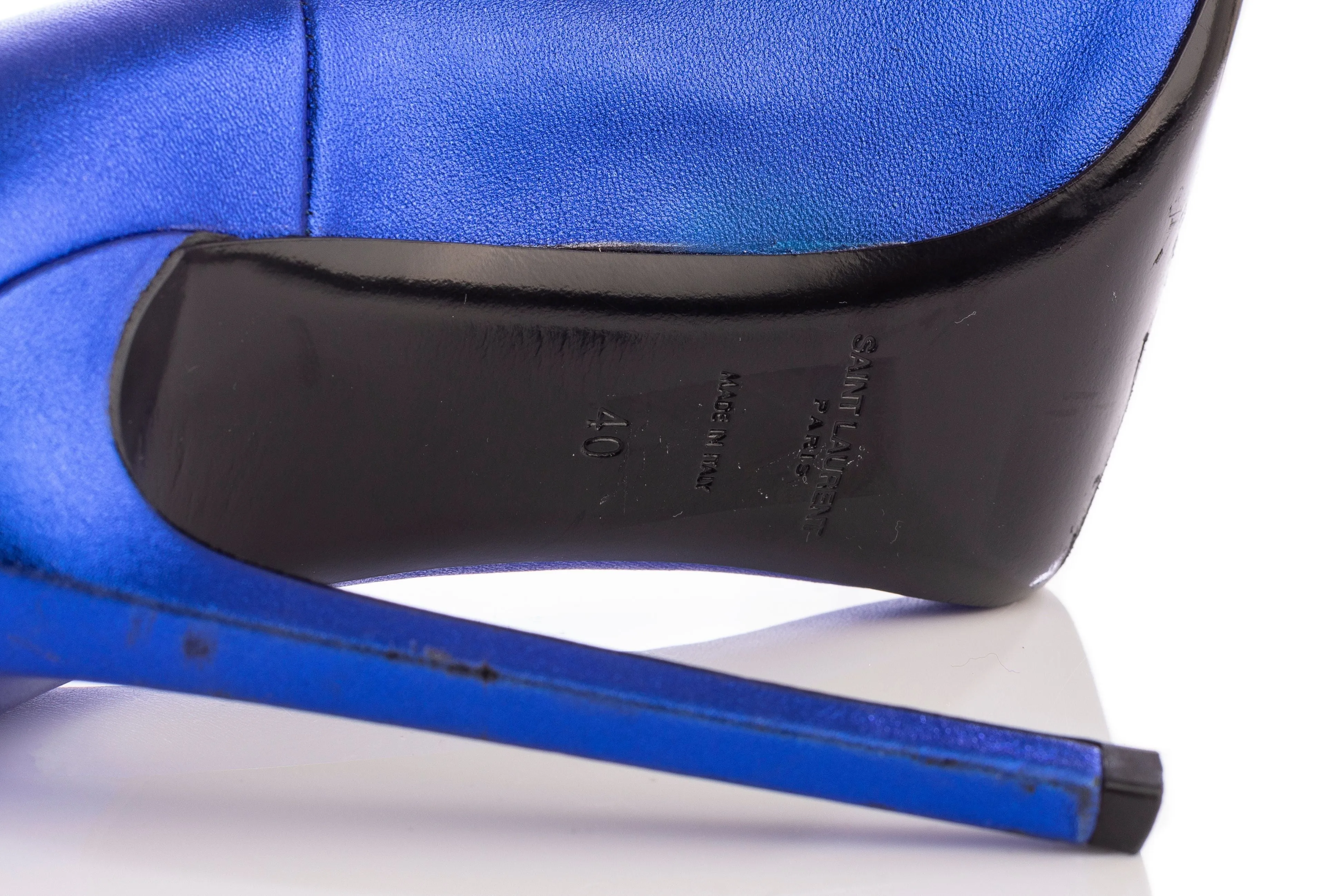 Saint Laurent Blue Metallic Peeptoe Pumps
