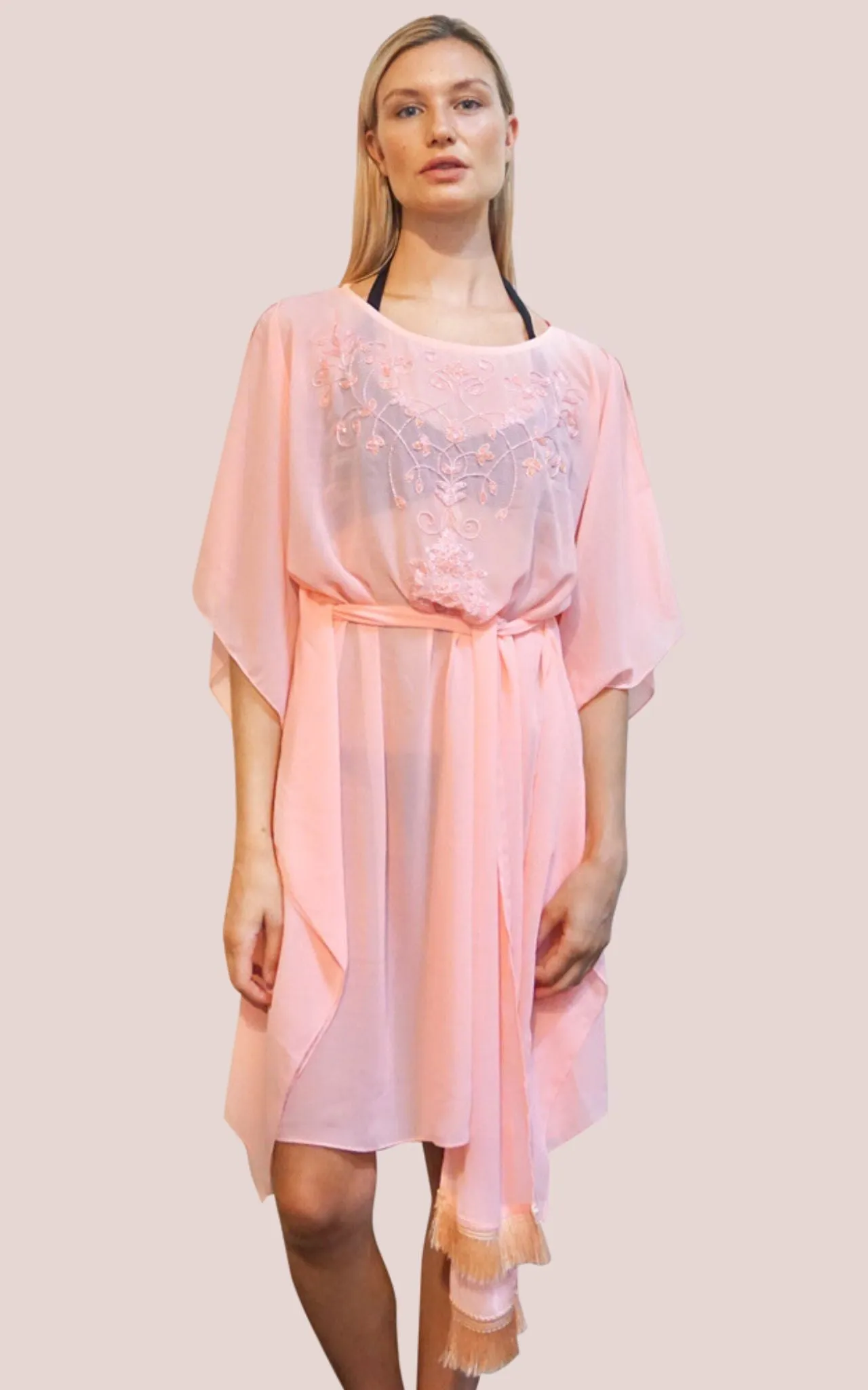 Short Pink Kaftan with Beaded Embroidery