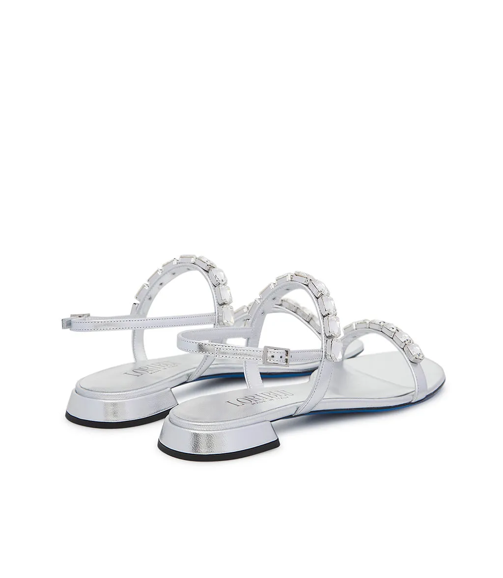 Silver-tone set rhinestones embellished leather sandal