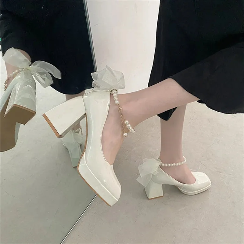 Sohiwoo Elegant Pumps Women Heels Shoes Leather Mary Janes Square Toe String Bead Decorate Ladies Shoes Office Black White Retro