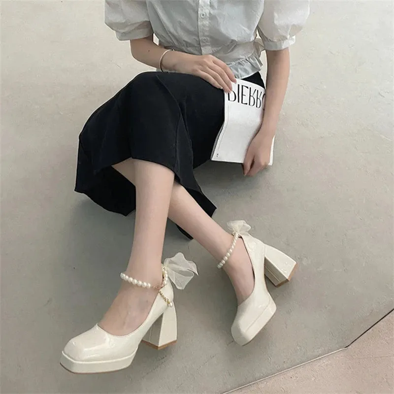 Sohiwoo Elegant Pumps Women Heels Shoes Leather Mary Janes Square Toe String Bead Decorate Ladies Shoes Office Black White Retro