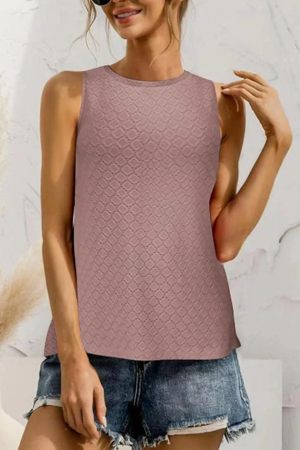 Summer Must-Have Crew Neck Eyelet Tank Top
