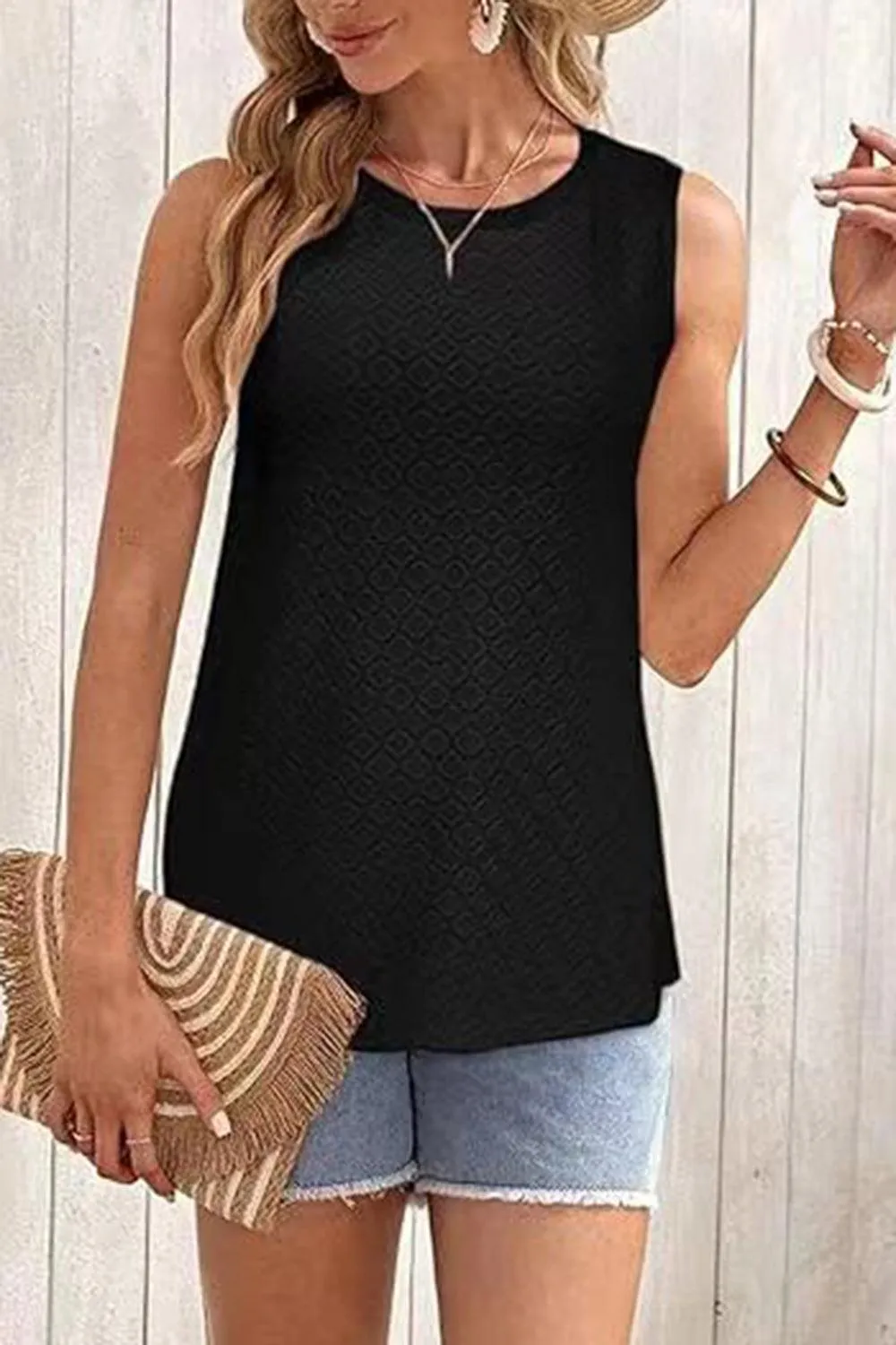 Summer Must-Have Crew Neck Eyelet Tank Top