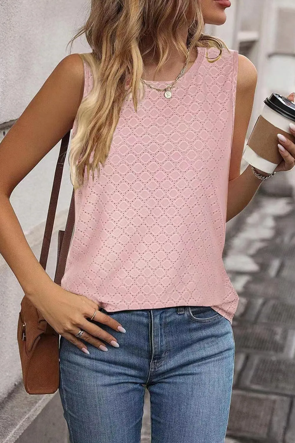 Summer Must-Have Crew Neck Eyelet Tank Top