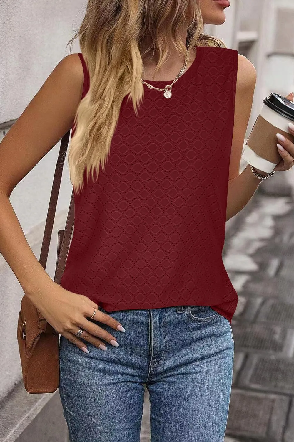 Summer Must-Have Crew Neck Eyelet Tank Top