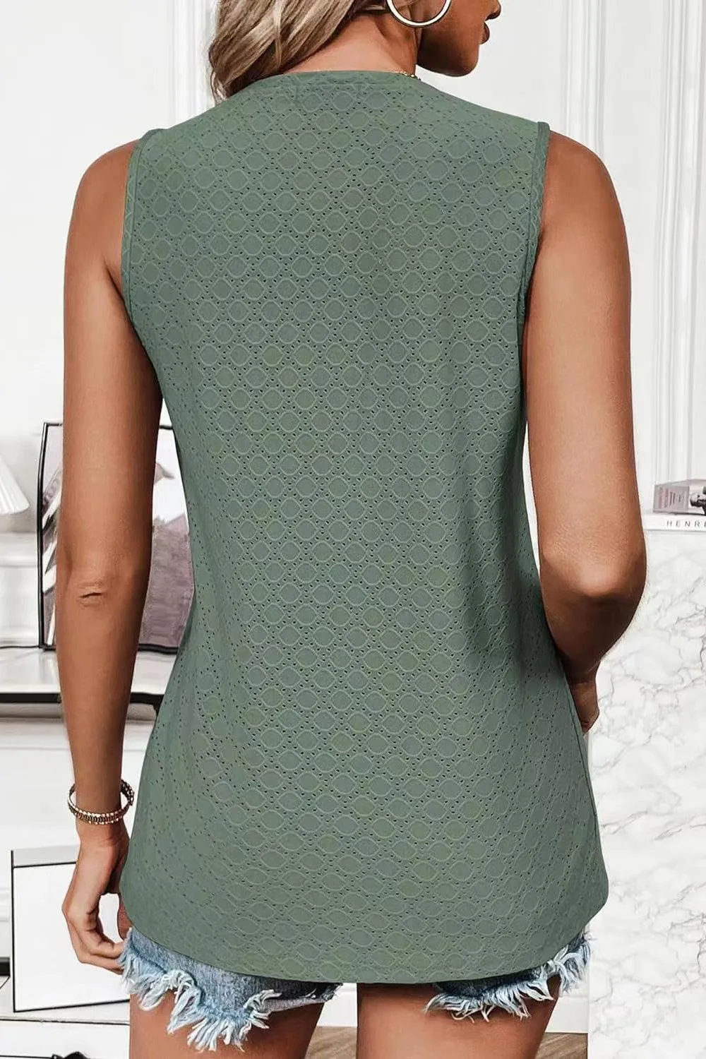 Summer Must-Have Crew Neck Eyelet Tank Top