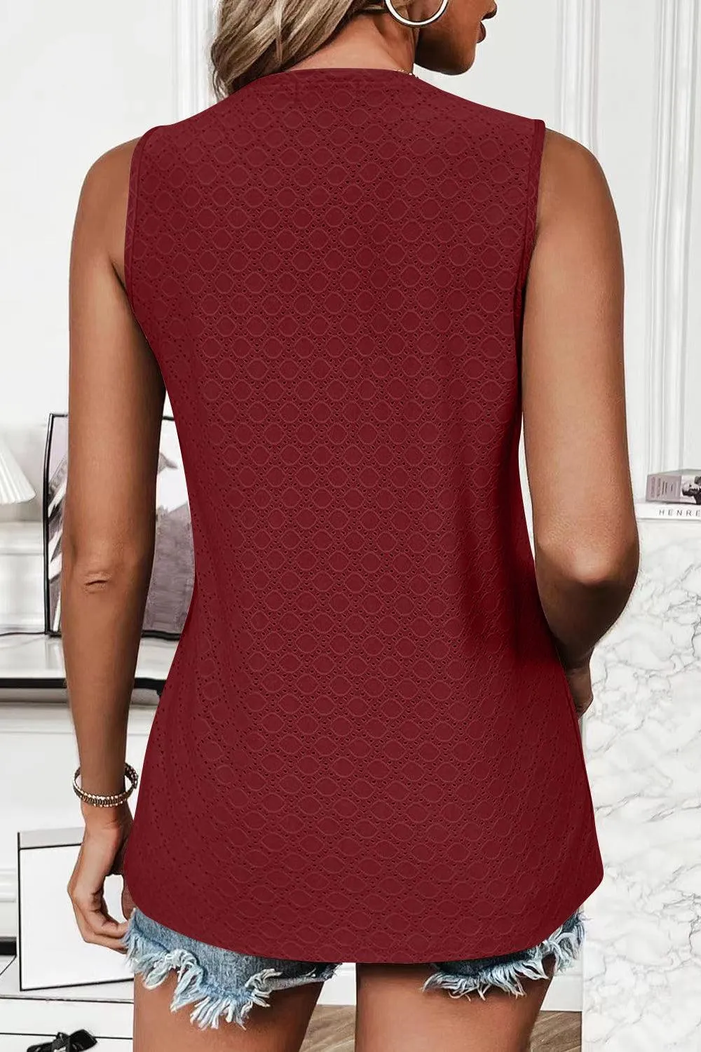 Summer Must-Have Crew Neck Eyelet Tank Top