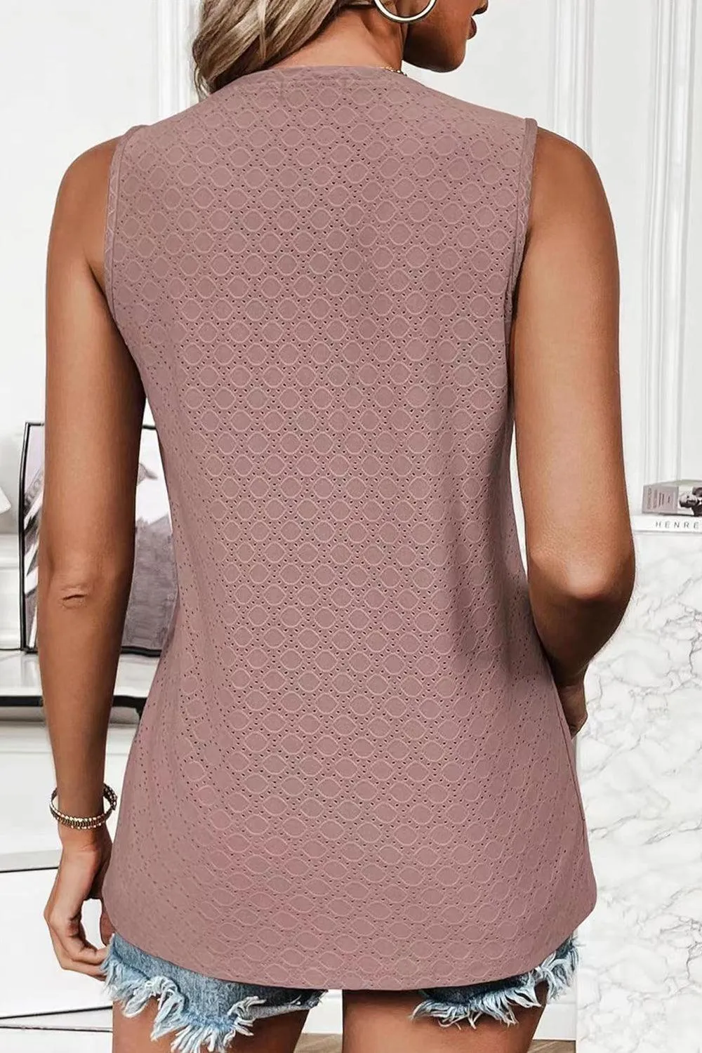 Summer Must-Have Crew Neck Eyelet Tank Top