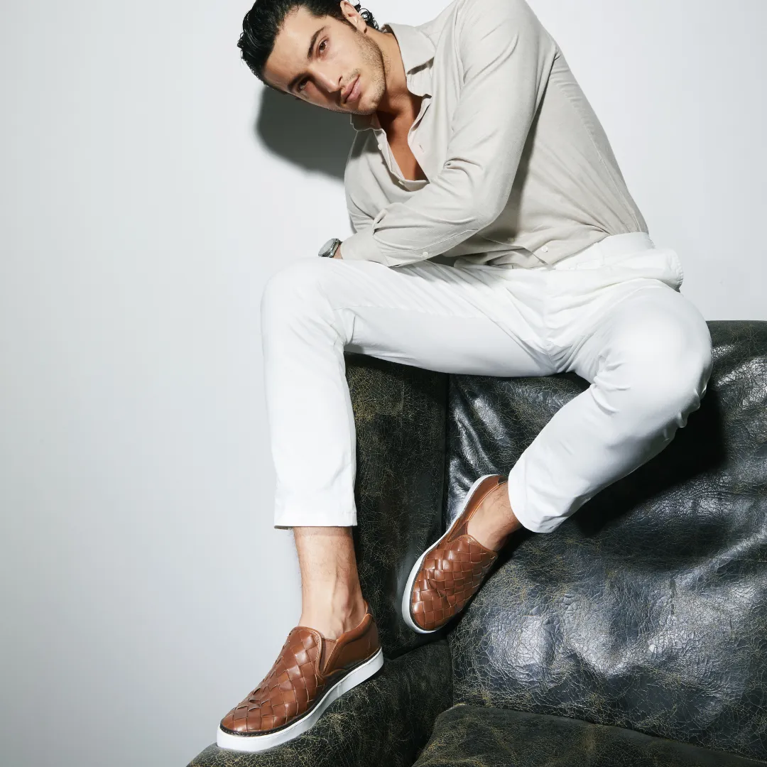 Tan Braided Leather Rhea Slip On Sneakers with White Soles - Summer 2024 Collection