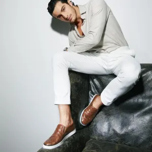Tan Braided Leather Rhea Slip On Sneakers with White Soles - Summer 2024 Collection