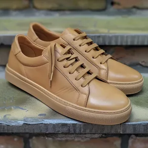 Tan Leather Severino Lace-Up Sneakers With Honey Colour Sole