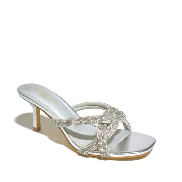 Womens Diamante Mid Heel Silver