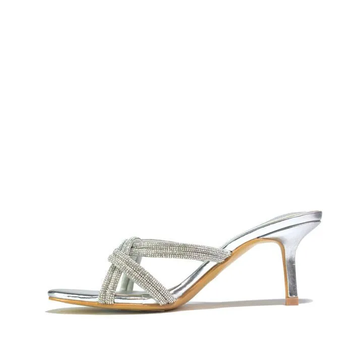 Womens Diamante Mid Heel Silver