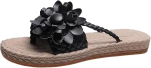 Womens Flat Sandals Flip Flops for Women Flower Braided Slide Sandals Beach Comfortable Slip On Slippers, Espadrille Sole Vacation Outdoor Thong Sandal Comfy Summer Flat Slippers